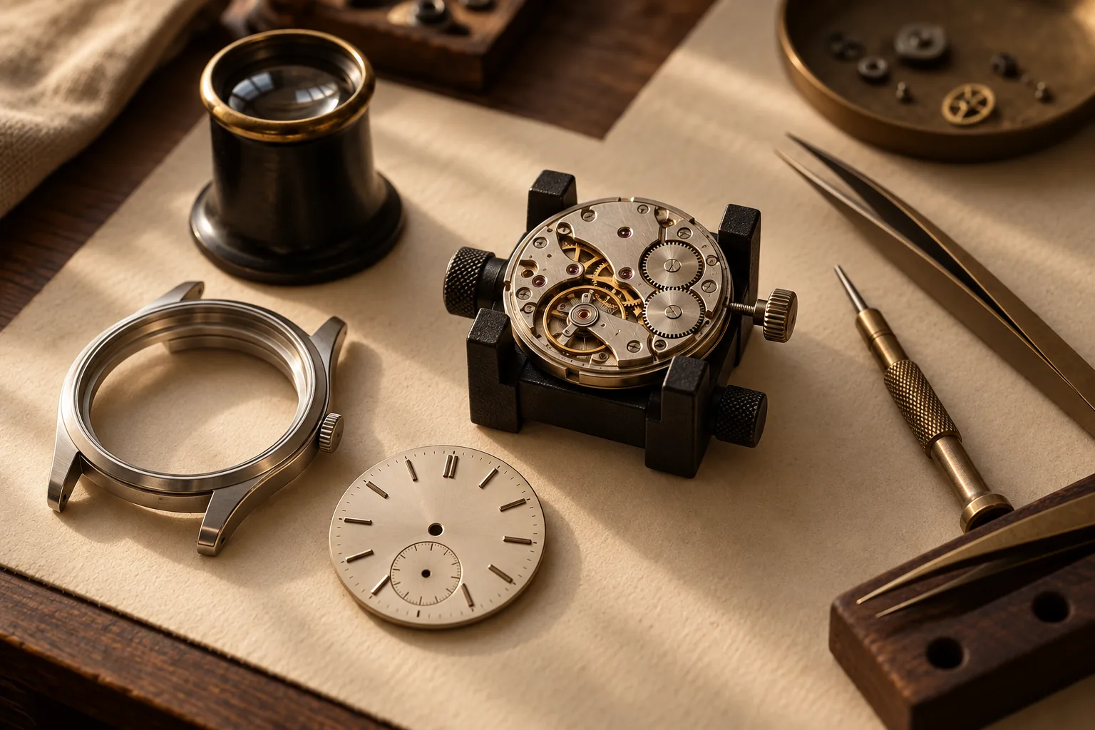 Illustrative mechanical watch movement in a holder beside a separate empty case and dial on a cream workbench mat